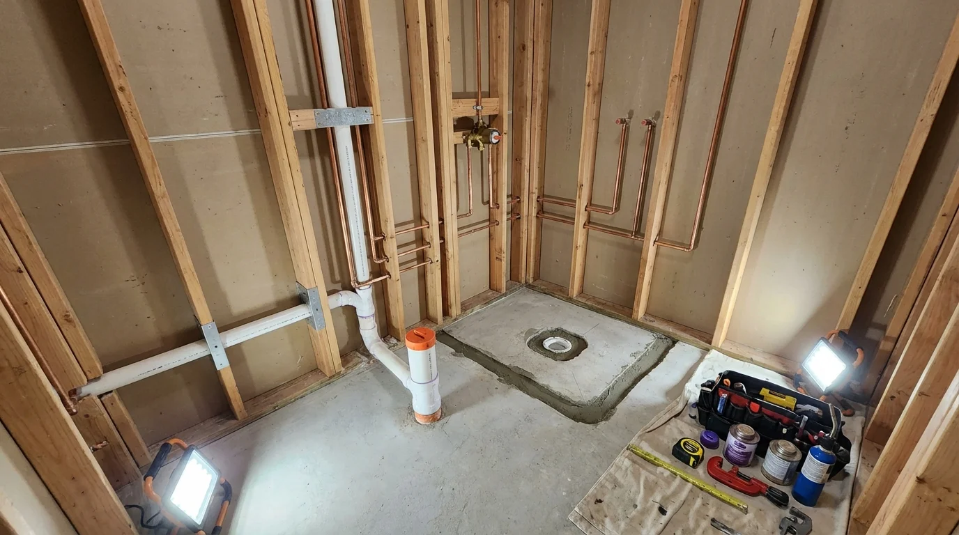 Bathroom rough-in plumbing during remodel by Johns Plumbing LLC in Trappe