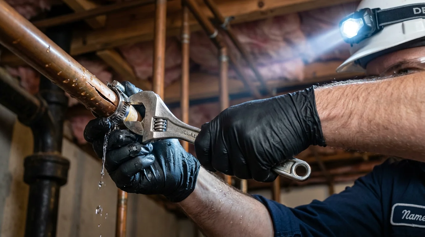 Emergency pipe clamp repair being performed by a Johns Plumbing LLC plumber in Trappe