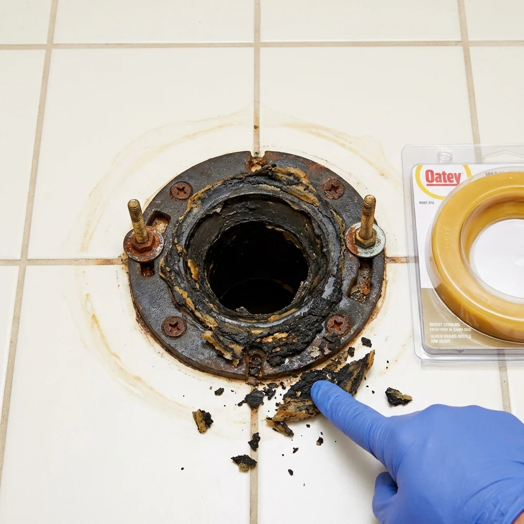 Failed wax ring showing water seepage at the base of a toilet in a Trappe, MD home